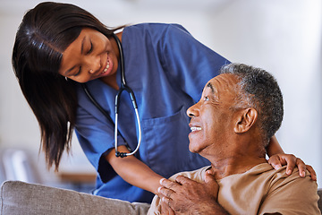 Image showing Senior man, volunteer nurse or support caregiver help with elderly in medical nursing home. Smile, happy or trust community employee working healthcare charity in house interior living room