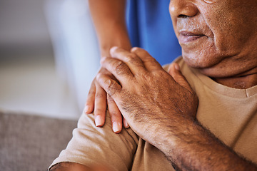 Image showing Support, care and helping hands for an elderly patient during a consultation at a nursing clinic. Closeup of hope, trust and comfort from a woman caregiver consulting a senior man in retirement home