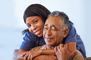 Image showing Nurse hug, senior man and healthcare support in consultation in home, help with health from doctor and medical communication in retirement in house. Portrait of African caregiver working at clinic