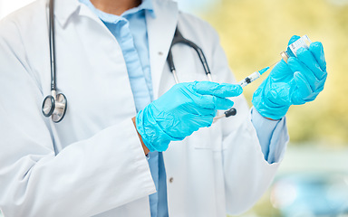 Image showing Covid vaccine, injection and corona virus medicine with needle, vial and syringe from hospital doctor. Closeup hands, healthcare worker and flu jab, antiviral shot and medical treatment for immunity
