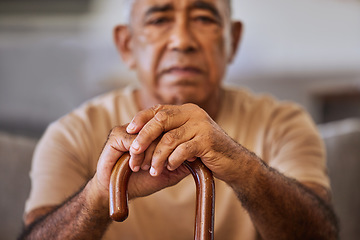 Image showing Portrait of sad senior man with a cane for walking support, assistance and help. Depression, mental health and hands of elderly man with walking stick depressed over retirement lifestyle or pension