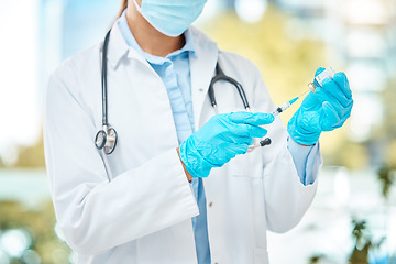 Image showing Covid vaccine, medical doctor with medicine syringe and pharma healthcare worker. Corona virus clinic, hospital safety laboratory and pharmaceutical compliance in treatment for sickness closeup