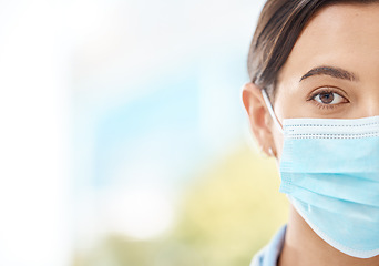 Image showing Covid, mask and face of a medical doctor or healthcare nurse working at a hospital, insurance for safety and nursing staff at clinic. Portrait of sick, expert health worker or professional at job