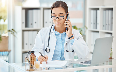 Image showing Telehealth woman doctor phone call, healthcare talking and medical service writing sick note, surgery planning and prescription. Wellness worker, medicine research and clinical report test results