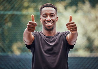 Image showing Sport thumbs up, sports man success and fitness support hands sign of exercise athlete. Portrait of athletic player happy, smile and exercise goal motivation with a yes, thank you and winner gesture