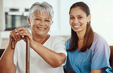 Image showing Healthcare, doctor and elderly woman bonding, sitting on sofa during a checkup at assisted living facility. Senior care, support and nursing with young caretaker discussing option and treatment