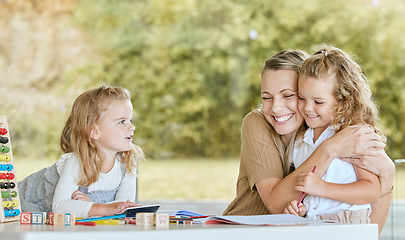 Image showing Mother hug girl for kindergarten learning, education and development in language and math on outdoor patio. Mom teaching kids at home and happy with children progress, results or knowledge growth