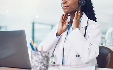 Image showing Telehealth, video call and thyroid doctor on virtual consultation online for thyroid exam, medical advice or assessment. Innovation healthcare, black woman with laptop for digital consulting service