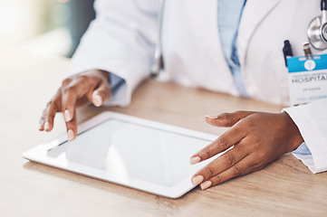 Image showing Telehealth doctor, mockup digital tablet and virtual healthcare analysis, clinic service and surgery planning online. Black woman hands, medical research website and internet app results in hospital
