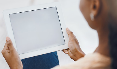 Image showing Hands and mockup of tablet with black woman on social media, online shopping and search the internet. Ecommerce, working or payment, work online or communication in ux app, tech and surfing the web
