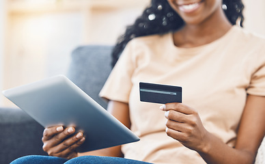 Image showing Hands of girl with tablet and credit card for online shopping, payment or digital online banking. Fintech, ecommerce and black woman with financial debit or gift card to pay for sale shopping product