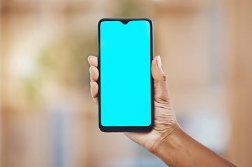 Image showing Smartphone technology and woman hands with green screen for ui design and marketing cellular app. Person with modern cellphone gadget for online communication with mockup for advertising.