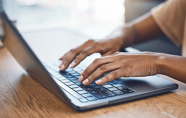 Image showing Black woman hands, student and laptop typing, keyboard and studying for research, elearning and internet college course, online class and blog planning. Closeup person, work from home and email tech