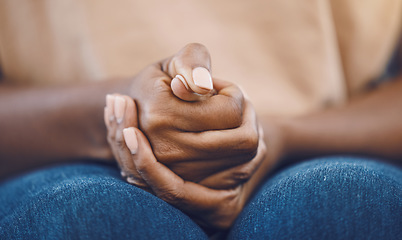 Image showing Stress, scared and sad black woman hands with difficult crisis problem of fear, grief and loss from mistake or risk. Sorry, worry and fail girl with anxiety or person in emotional pain from despair