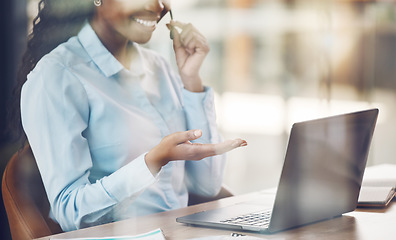 Image showing Black woman, laptop sales and call center support, customer service and consulting advice, talking and loan helping in office. Happy african telemarketing consultant, contact us and crm communication