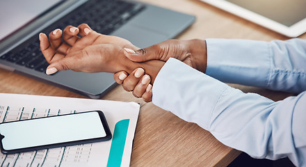 Image showing Business woman wrist pain hands, carpal tunnel and disability of arthritis, osteoporosis and stress at work. Closeup of employee with health problem, muscle injury and orthopedic risk from desk job