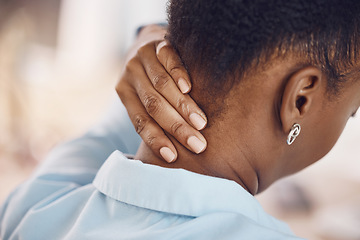 Image showing Back pain and black woman hand on neck or with muscle, bone or medical injury from office work posture or burnout. African person with healthcare problem, job stress or tired in corporate workplace