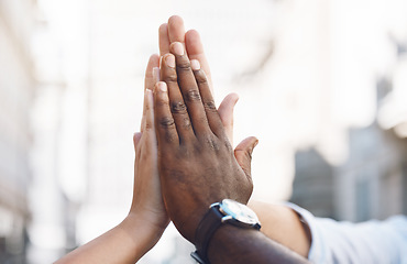 Image showing High five, hands and success in collaboration teamwork, global company startup and business people diversity. Winner zoom, support or team building motivation with partnership sale in b2b growth deal