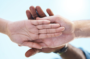 Image showing Teamwork, motivation and diversity with people hands stacked with blue sky, lens flare background and mock up. Group support, community or workers standing together for goal, trust and collaboration