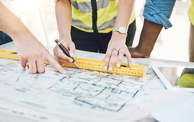 Image showing Hands, blueprint and engineering team working on a design plan for a building in the site office. Industry workers, teamwork and architecture paperwork illustration for planning a industrial project.