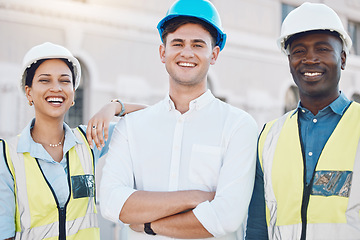 Image showing Logistics worker, architect and manager portrait working on construction site, happy with architecture partnership and smile for engineering job. Team diversity in industrial maintenance industry