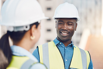 Image showing Logistics worker, engineer or construction builder working on industrial site, building architecture in partnership and team doing maintenance. African man and engineering employee doing safety check