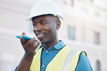 Image showing Phone call, construction worker and black man in the city working on building construction project. Safety, engineer and 5g mobile smartphone communication or cellphone with voice assistant or note