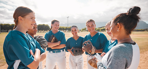 Image showing Baseball, team and women with coach talking, conversation or speaking about game strategy. Motivation, teamwork and collaboration with leader coaching girls in softball sports training exercise.