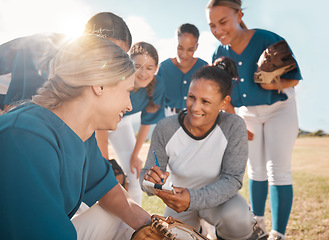 Image showing Baseball, sports and coach in team management, collaboration and development during practice on the outdoor pitch. Happy competitive women in sport discussion, coaching and training for game or match