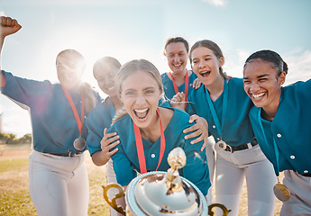 Image showing Winning trophy and team of women in baseball portrait with success, achievement and excited on field with blue sky lens flare. Teamwork motivation and celebration of group of people or sports winner