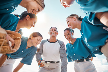Image showing Women, baseball and team with coach smile, happy and support during conversation on game strategy or sports from below with blue sky. Teamwork, collaboration and coaching to win, success and winner