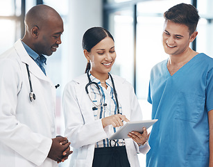 Image showing Hospital teamwork, digital tablet and healthcare planning, research collaboration and medical clinic consulting. Diversity doctors, wellness nurse and happy surgeon connected online apps for analysis