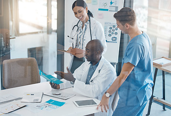 Image showing Teamwork, innovation and doctors collaboration in meeting in conference room, happy and planning on breakthrough medical success. Diverse, healthcare and team brainstorm for affordable public care