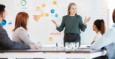 Image showing Manager doing a presentation in business meeting with financial charts, data and graphs. Collaboration, strategy and teamwork of professional accounting leader and employees in office conference room