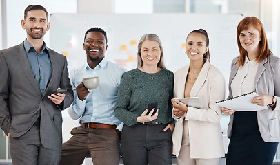 Image showing Business people portrait, teamwork and diversity of employees, workers and collaboration for motivation, vision and goal in startup company. Happy group of professional management staff in office