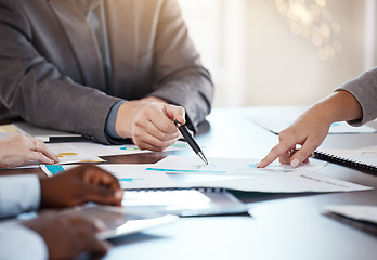 Image showing Corporate table, documents and hands in conversation on business analytics data report in office. Company workforce logistics, planning and strategy idea with professional communication.