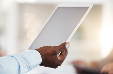 Image showing Business tablet and hands with a digital mock up screen for online corporate communication. Modern office worker with electronic device touch screen display and secure internet connection.