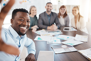 Image showing Diversity, business people and selfie in corporate meeting at the boardroom office for team success. Happy group of diverse employee workers smile in workshop discussion, strategy and teamwork plan