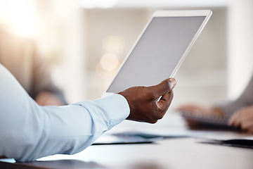 Image showing Business man hands, tablet mockup and planning in office meeting for marketing ideas, advertising strategy and website media. Closeup digital screen space, internet technology and reading online apps