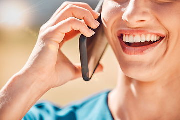 Image showing Smartphone communication and woman on outdoor phone call enjoying 5g technology closeup. Girl with happy smile in digital audio conversation with secure mobile data internet connection.