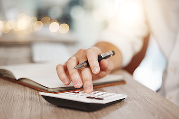 Image showing Hand, finance and budget of a man on calculator in financial plan, management or startup for expenses. Hands of male in accounting, calculating and small business planning for savings and profits