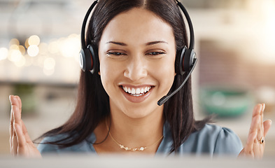 Image showing Call center, happy woman and customer service sales employee consulting, talking telemarketing and working on computer in office. Contact support agent, receptionist and crm internet communication