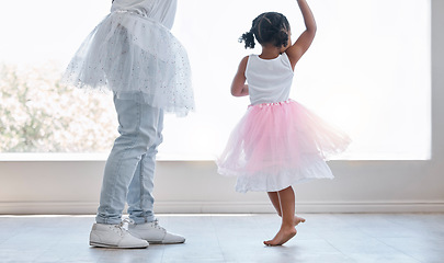 Image showing Dance and love with father and daughter family together in a princess dress for support, childhood and happiness. Care, fun and lifestyle with dad dancing ballet with young child in family home