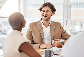 Image showing Business people in meeting working on team collaboration, project planning progress review and manager listening in office. Corporate woman and man for b2b partnership or client in a marketing agency