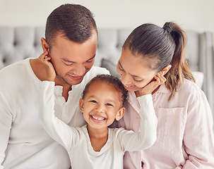 Image showing Mother, father and girl in family portrait in house bedroom, home interior and bonding on a morning. Smile, happy and love bond parents or man and woman with young child in security, support or trust