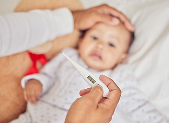Image showing Thermometer, covid and sick baby in bed with parents hand on their forehead checking for fever or flu at home. Worry, care and person caring for a little child testing for illness or cold problem