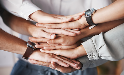 Image showing Business teamwork hands, support and collaboration in motivation for goal, vision and success together. Closeup group of people, diversity and trust for winning agreement, partnership and achievement