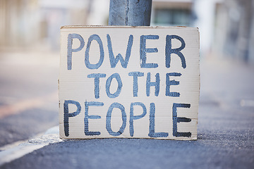 Image showing Freedom, poster and government city protest for justice, liberty and human rights in an empty street. Racism, poverty and community uplifting with empowering equality demand by public vote for change