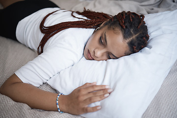 Image showing Sad girl, mental health problem and bedroom rest with depressed thoughts and personality disorder. Hopeless young woman suffering with depression, despair and psychosis risk alone on bed.