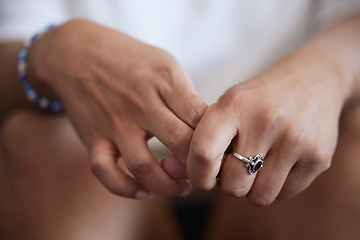 Image showing Hands, anxiety and mental health with a woman inside feeling depression, stress or alone. Psychology, pain and crisis with a female holding her finger with her hand while sad, frustrated or depressed